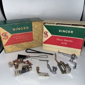 Vintage Singer Sewing Machine Attachments Set Slant Needle 404 w/ Box & Manual